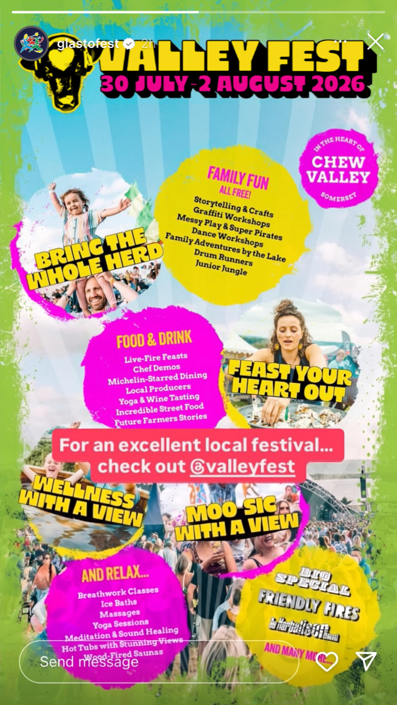 @glastofest Instagram story: For an excellent local festival, check out @valleyfest